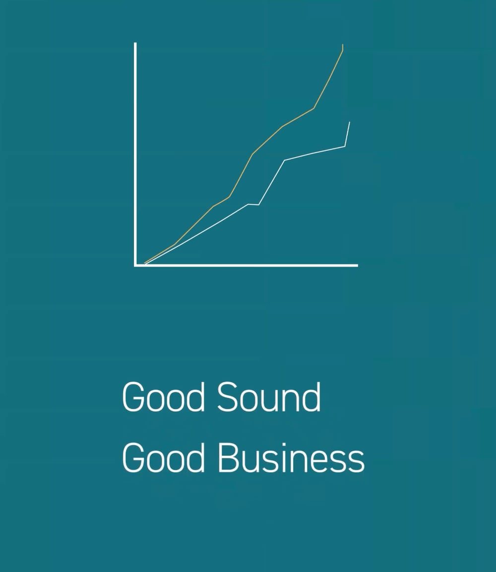 A rising graph above the words Good Sound, Good Business, from Julian Treasure's films for Armstrong